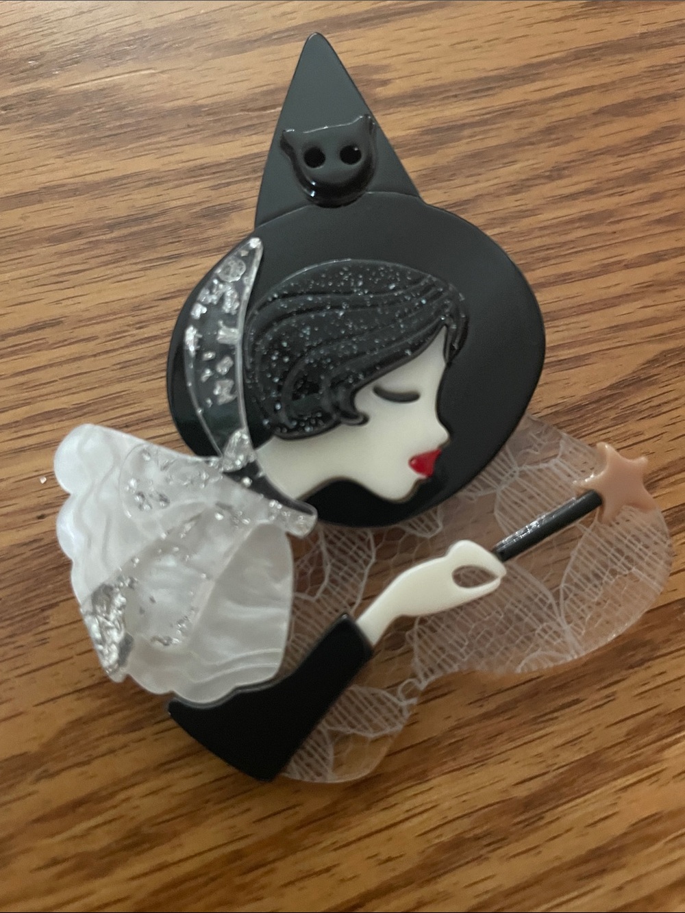 Black and White Witch Brooch Pin with Red Lips